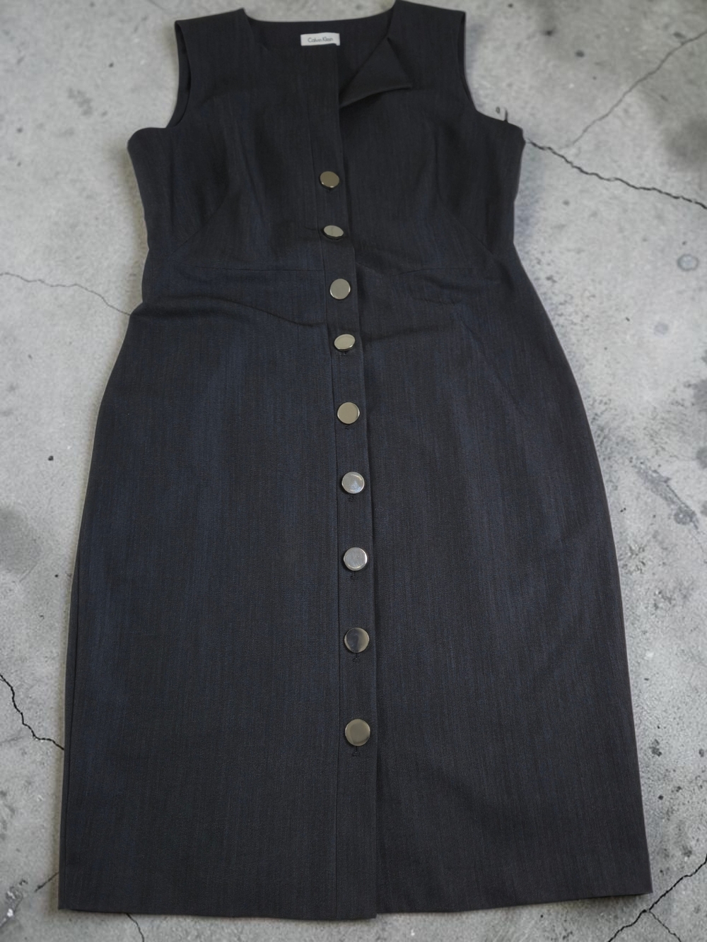 Calvin Klein Denim Dress Womens Size 12 Blue Sleeveless Button Front Midi Sheath